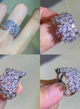 镂空不规则排列锆石宽版时尚奢华韩版精致花朵蕾丝戒指女