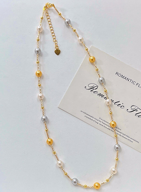 设计感美拉德混彩光人造水晶珍珠项链锁骨链手链