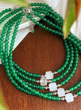 国风复古6mm马料玻璃体绿玉髓玛瑙珠串珠链毛衣链项链