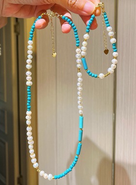 复古秋冬天然淡水珍珠仿绿松石手链项链套装