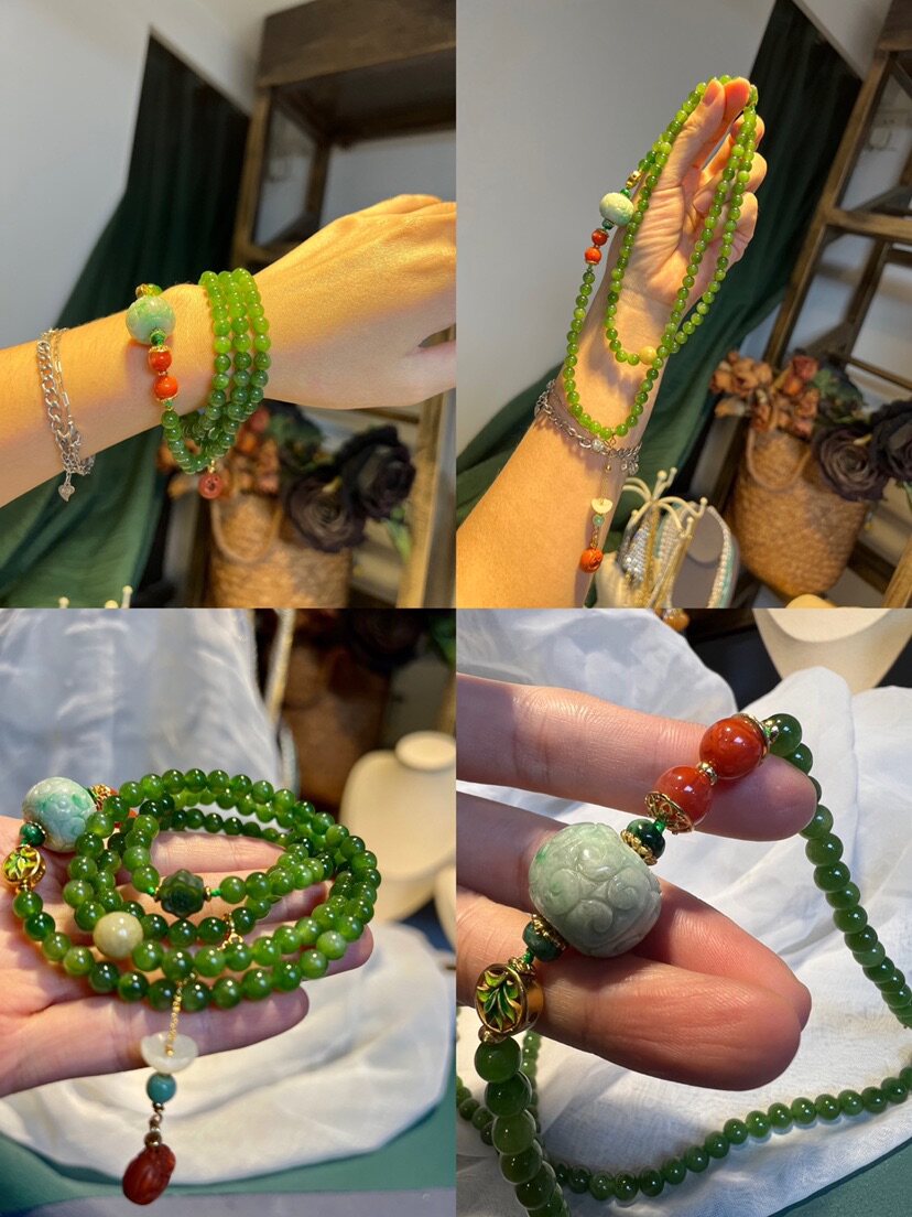 复古名族风天然玉化无黑点碧玉多圈手链简约圆珠长款毛衣链