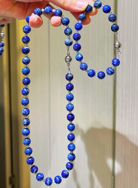 秋冬复古天然青金石灰月光石设计感项链毛衣链手链套装