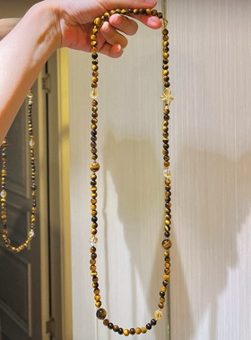 复古天然虎眼石黄水晶设计感长款毛衣链项链锁骨链女