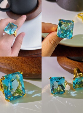 人造海蓝宝大方糖戒指简约时尚百搭款