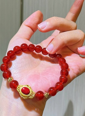 7A高品质冰透水润鸽血红红玉髓施家珍珠设计感手链手串女