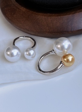 s925银双珠强光施家珍珠戒指 开口戒指女小众新品