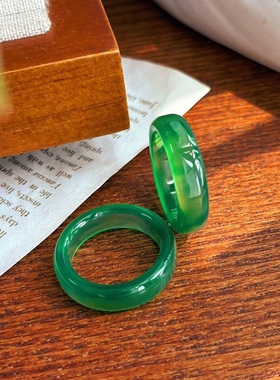 新中式翡翠绿色起光玻璃种天然玛瑙玉髓戒指复古小众指环女