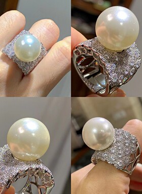 16mm天然贝珠珍珠戒指群镶高级感