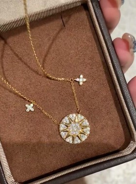 纯银s925中古爆闪满钻芒星罗盘项链女轻奢高级锁骨链饰品