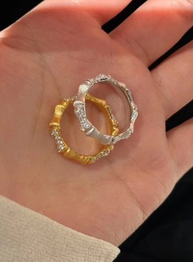 意大利中古拉丝轻奢高级感珠宝925纯银拉丝锻面高碳钻竹节戒指