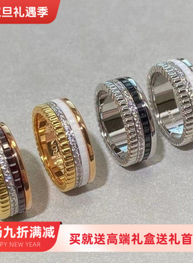 宝家CNC精工S925银厚镀V金镶钻时来运转戒指黑圈白圈情侣转动戒指