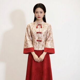 新中式国风立领盘扣旗袍上衣红裙敬酒套装胖mm新娘回门服订婚礼裙