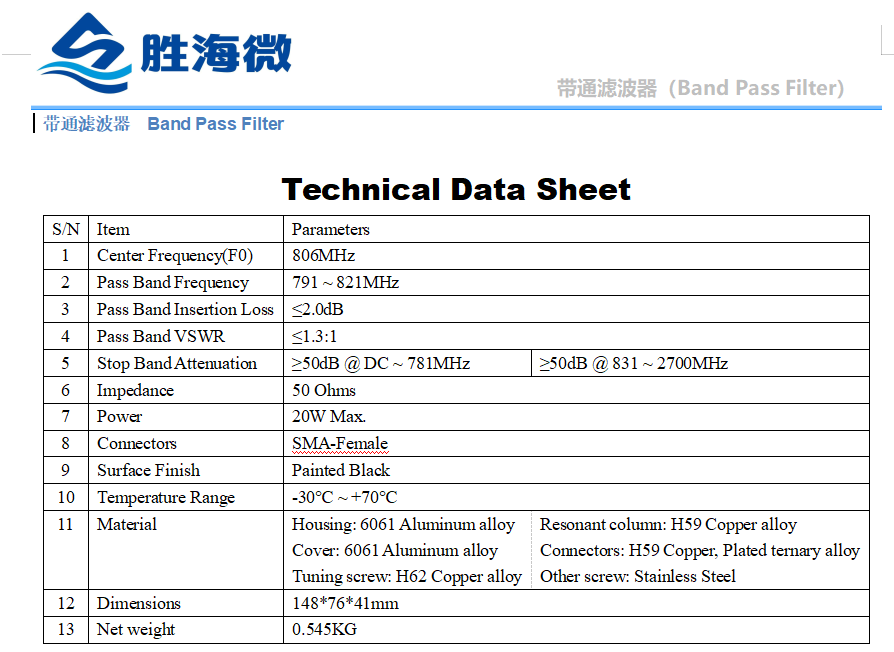 791-821MHz带通滤波器20W