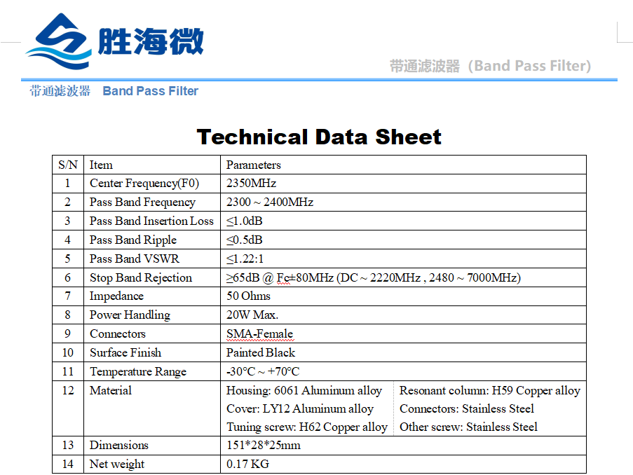 2300-2400MHz带通滤波器20WSMA