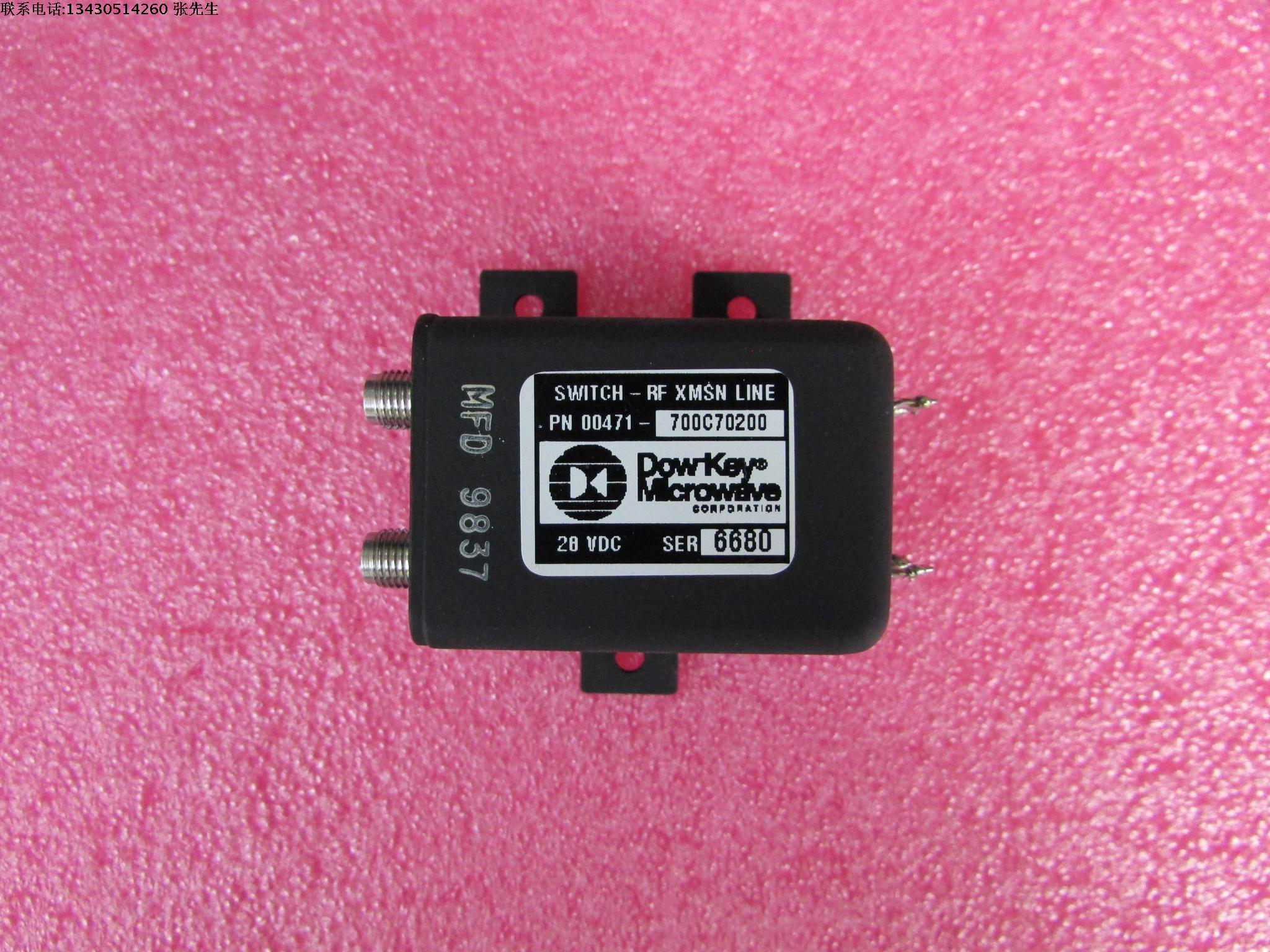 00471-700C70200 dowkey 18GHz SMA 28V 300W DPDT 射频微波高功率同轴开关 频率范围：DC-18GHz 插损：0.3dB 隔离度：80dB 输入最大功率：300W 工作电压：28V