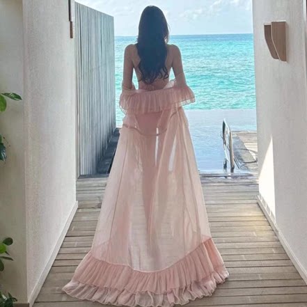 海边不规则荷叶边连衣裙开衫法式浪漫纯欲风比基尼防晒衣长裙罩衫