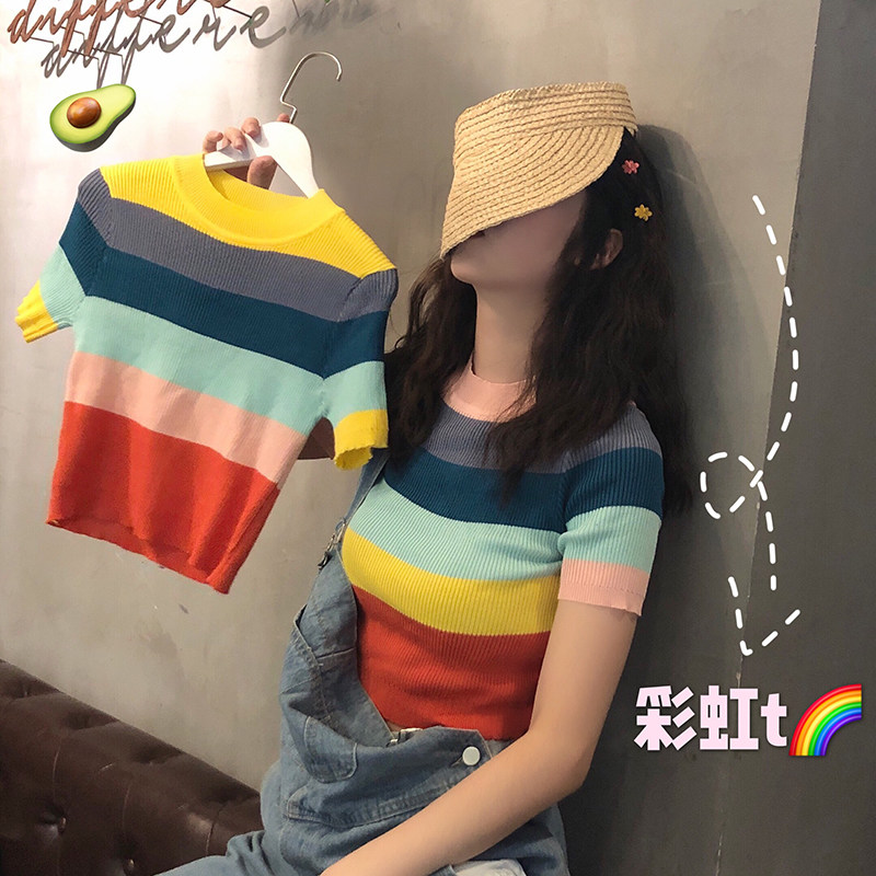 港味复古chic彩虹条纹圆领针织短袖T恤女修身显瘦短款露肚脐上衣