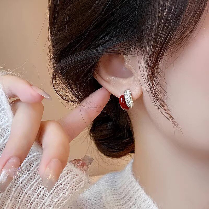 轻奢红色925银手工圆形耳钉