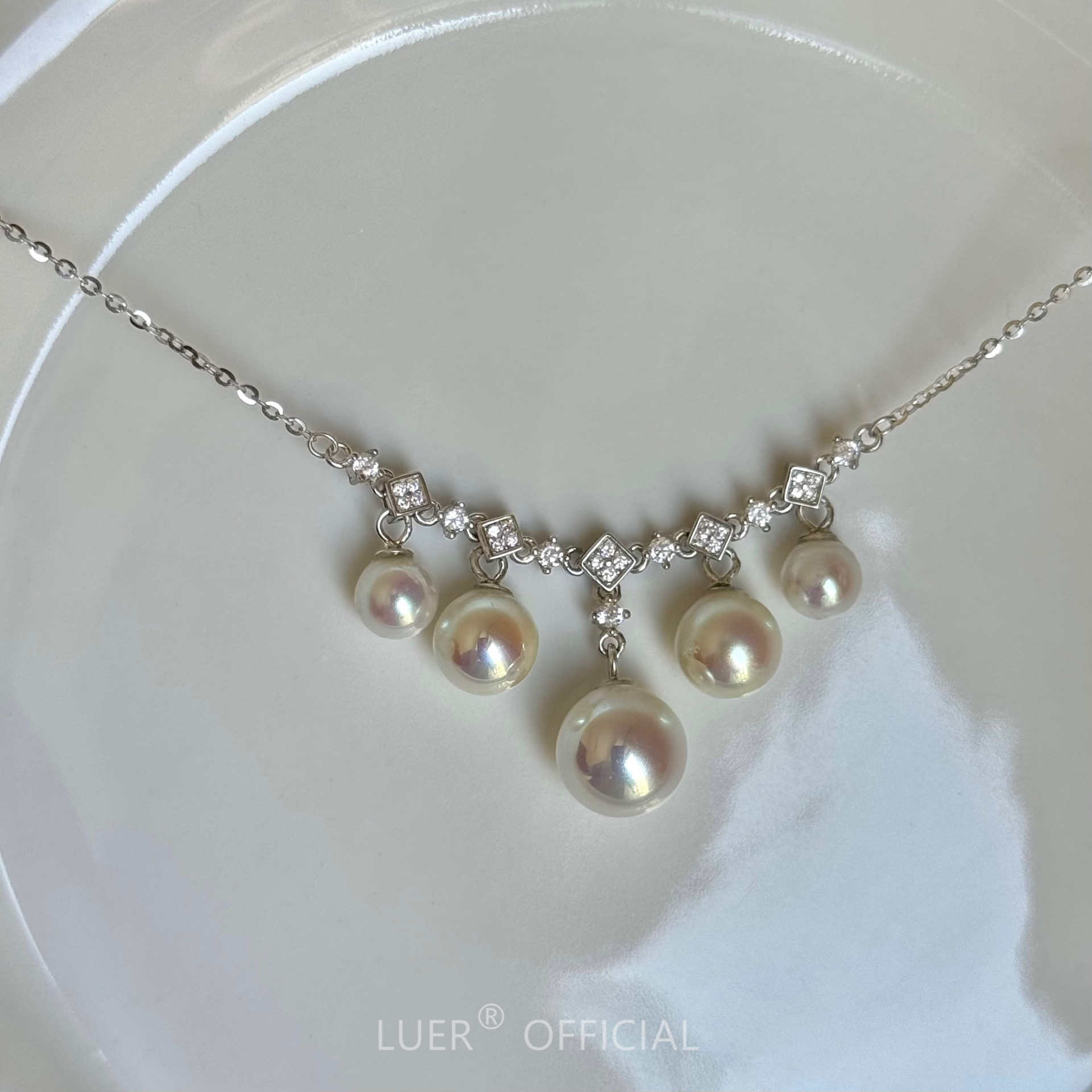 通体纯银不褪色 正圆极光人造akoya天女级珍珠项链镶钻流苏锁骨链