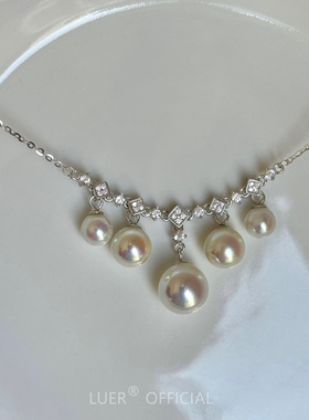 通体纯银不褪色 正圆极光人造akoya天女级珍珠项链镶钻流苏锁骨链
