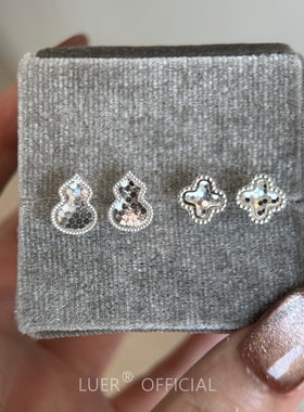 新中式!敲闪!迷你小葫芦四叶草通体纯银龙鳞碎碎冰轻奢耳环耳饰女