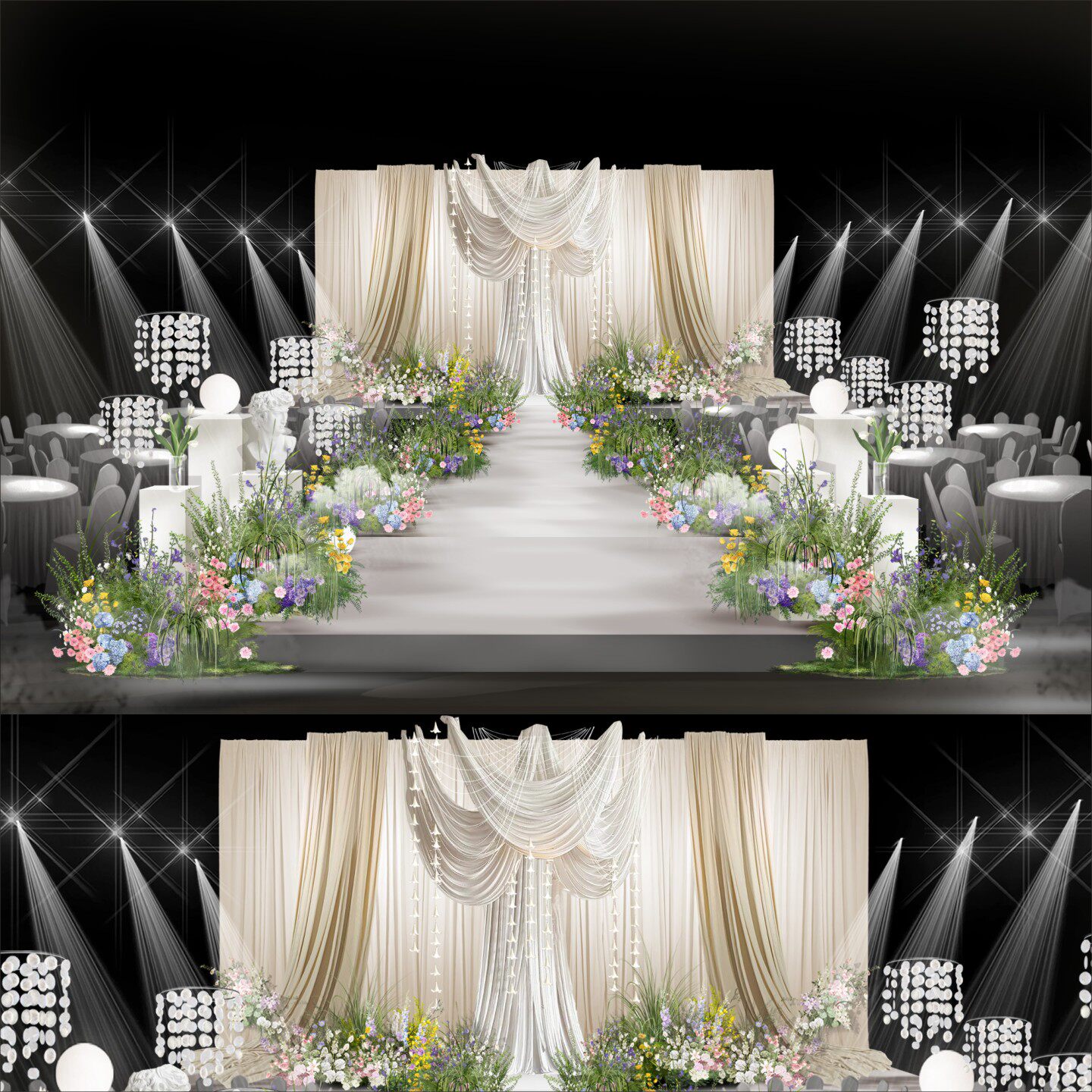 韩式香槟色布幔婚礼舞台效果图缤纷花艺布幔帷幔设计素材psd文件