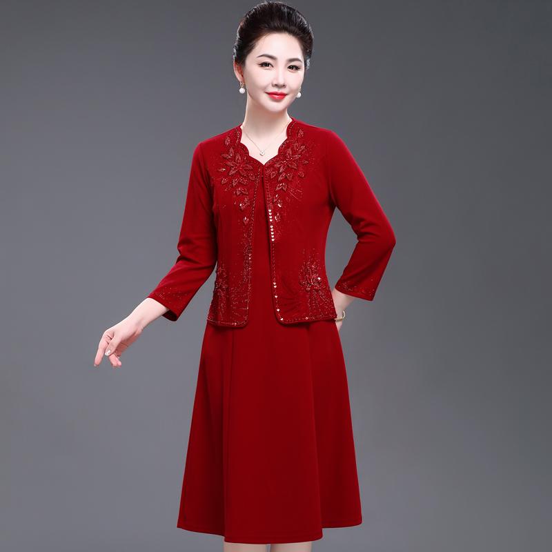 喜婆婆婚宴两件套装春秋年轻妈妈显瘦女婚礼服连衣裙高贵显瘦喜服