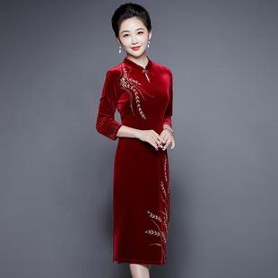 高端妈妈婚宴礼服金丝绒新中式旗袍裙女儿出嫁喜婆婆婚宴装敬酒服