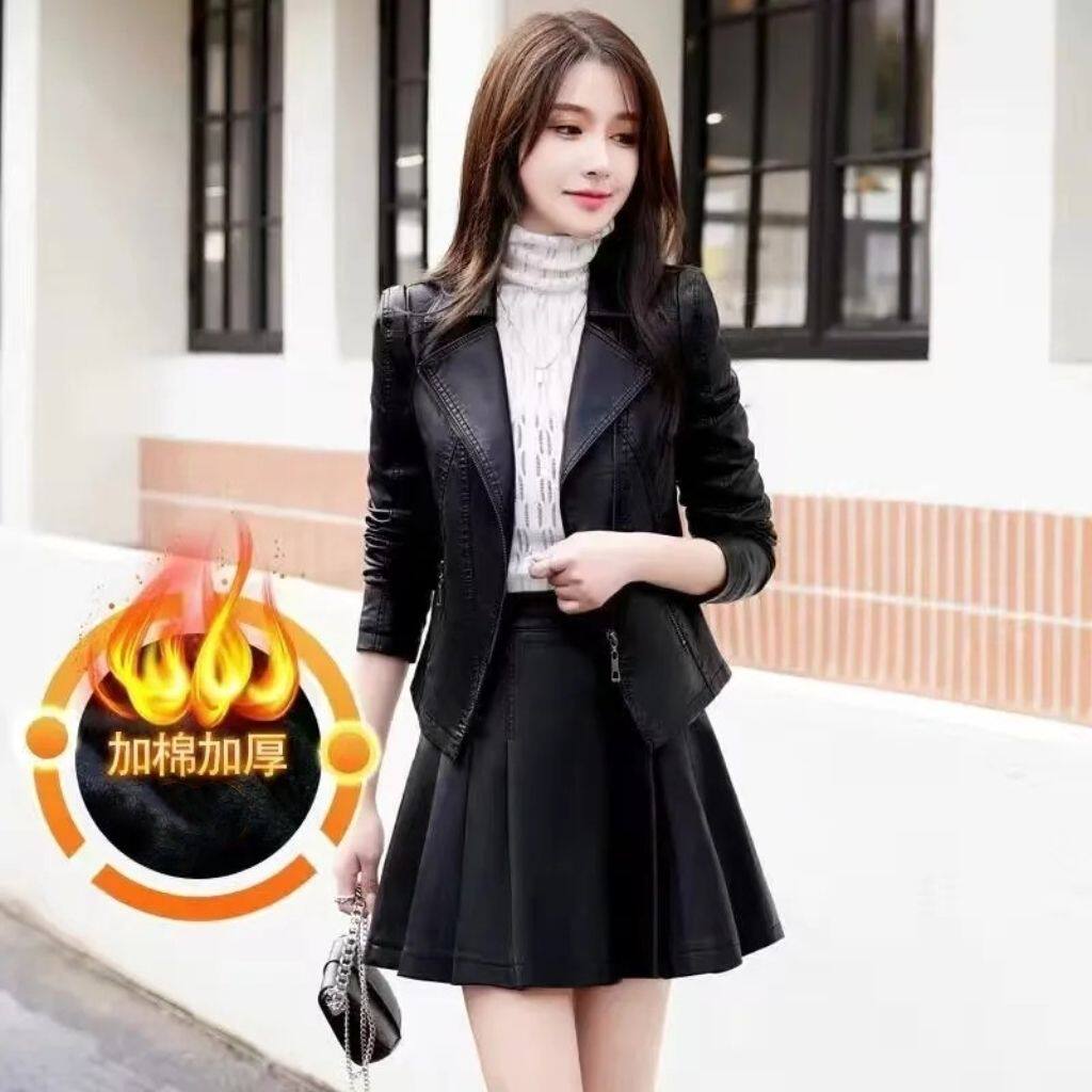 皮衣女2025新款洋气加厚秋冬加棉时尚机车夹克海宁半身皮裙短套装
