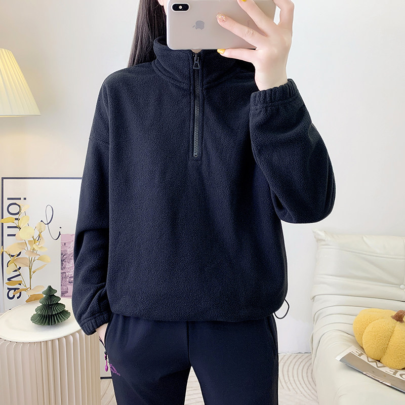 摇粒绒卫衣半拉链立领宽松加厚套头衫女大码黑色秋冬休闲运动上衣