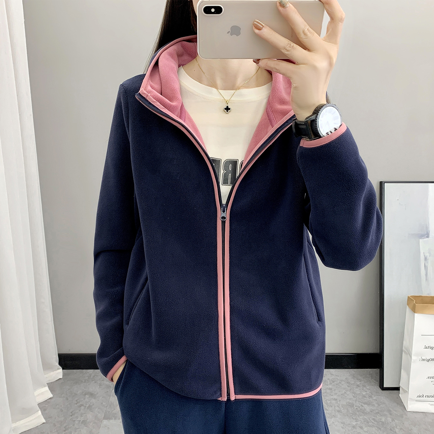 加厚连帽抓绒衣女士秋冬开衫加绒卫衣运动休闲户外保暖摇粒绒外套