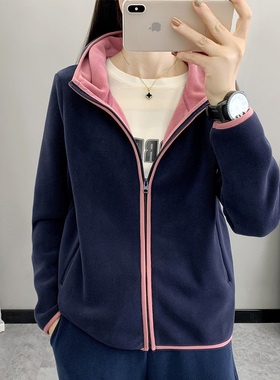 加厚连帽抓绒衣女士秋冬开衫加绒卫衣运动休闲户外保暖摇粒绒外套