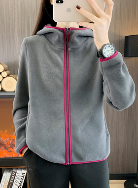 高克重连帽抓绒女加厚保暖一体绒外套冬户外休闲百搭开衫加绒卫衣