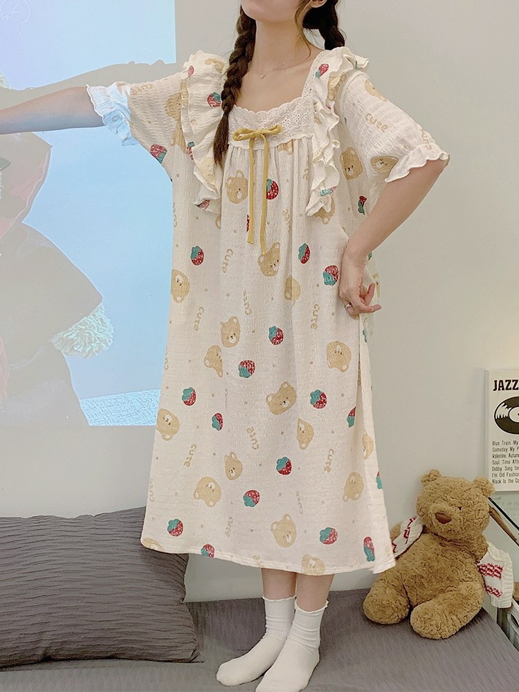여성 잠옷 여름 순수 코튼 거즈 달콤한 소녀 잠옷 여름 스타일은 대형 홈 의류 드레스 외부 착용 가능