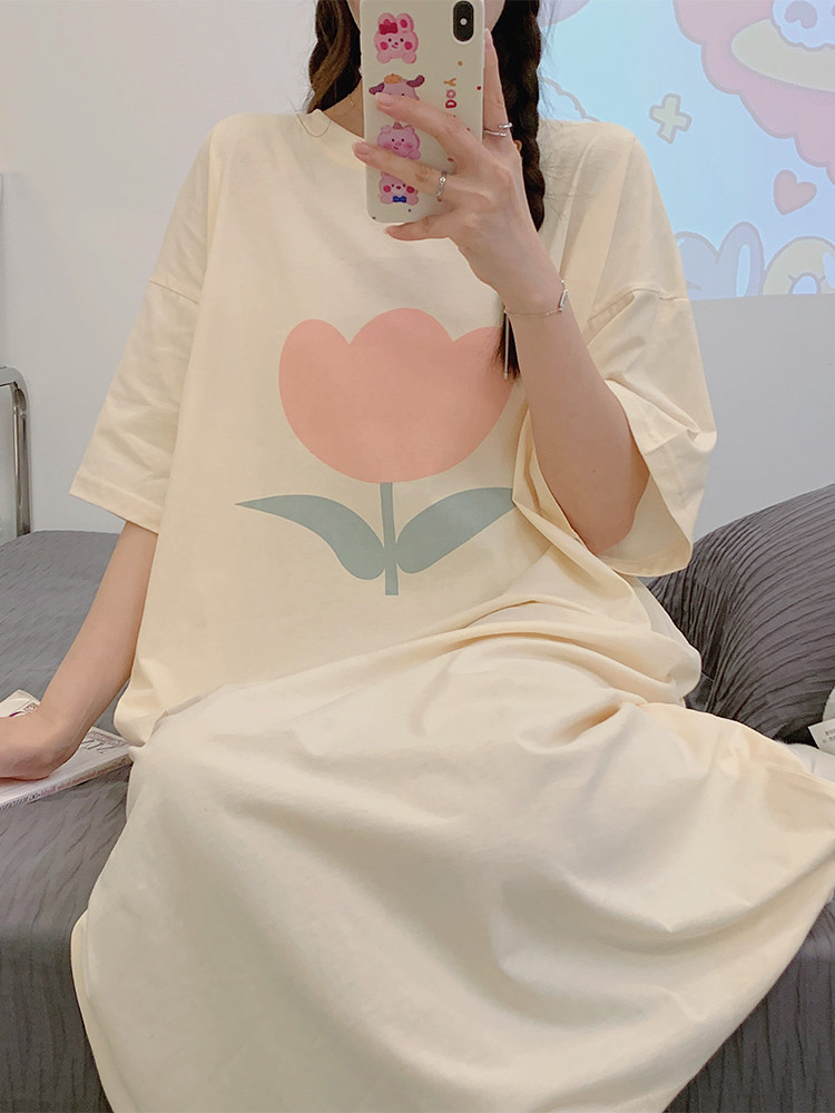 여성 잠옷 여름 순수 면화 반팔 달콤한 여성용 잠옷 봄과 가을 귀여운 작은 꽃 홈웨어 드레스