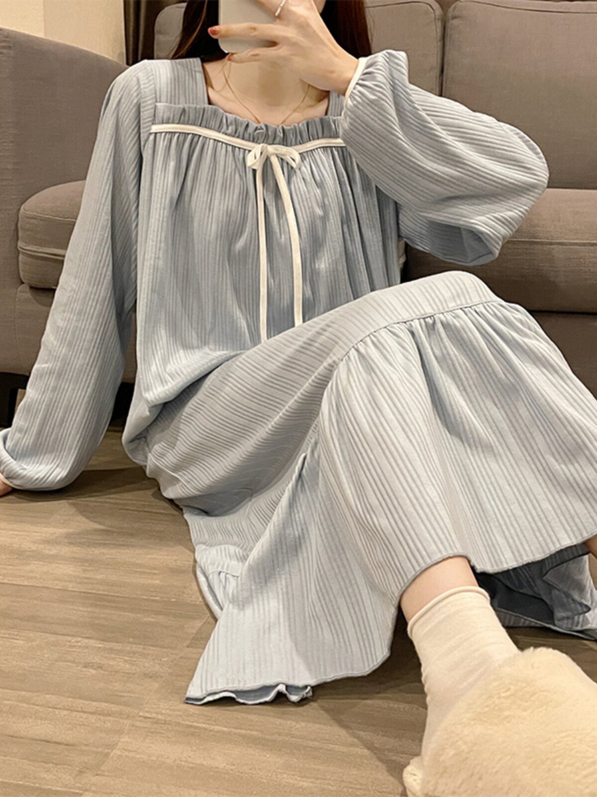 여성용 잠옷 봄 가을 겨울 순면 달콤하고 부드러운 헐렁한 긴 임산부 복장 잠옷 여성용 홈웨어