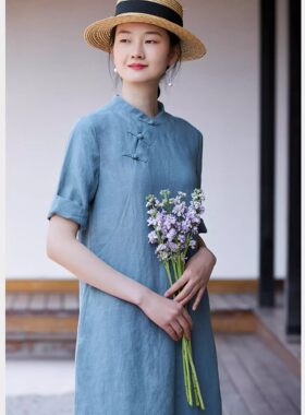 文艺复古裙子A版亚麻盘扣连衣裙中长襟小立领改良旗袍裙女夏裙