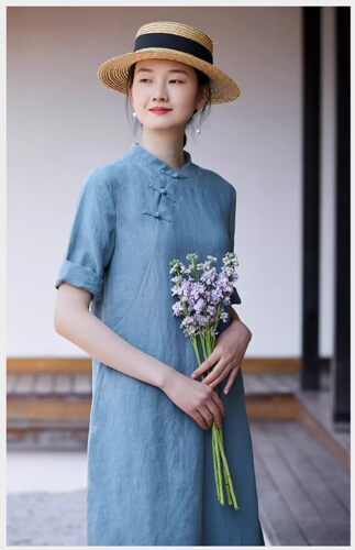 文艺复古裙子A版亚麻盘扣连衣裙中长襟小立领改良旗袍裙女夏裙