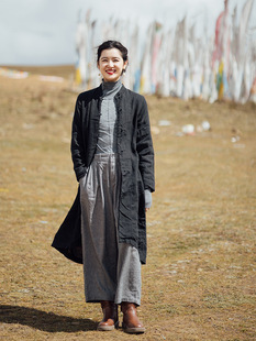小立领亚麻黑色修身显瘦懒人中式文艺复古长款棉服女冬