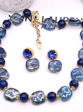 蓝色琉璃珠项链耳环套装