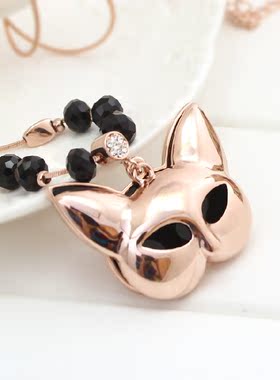 夕瑶饰品金色猫头黑色珠子长款项链毛衣链外衣链