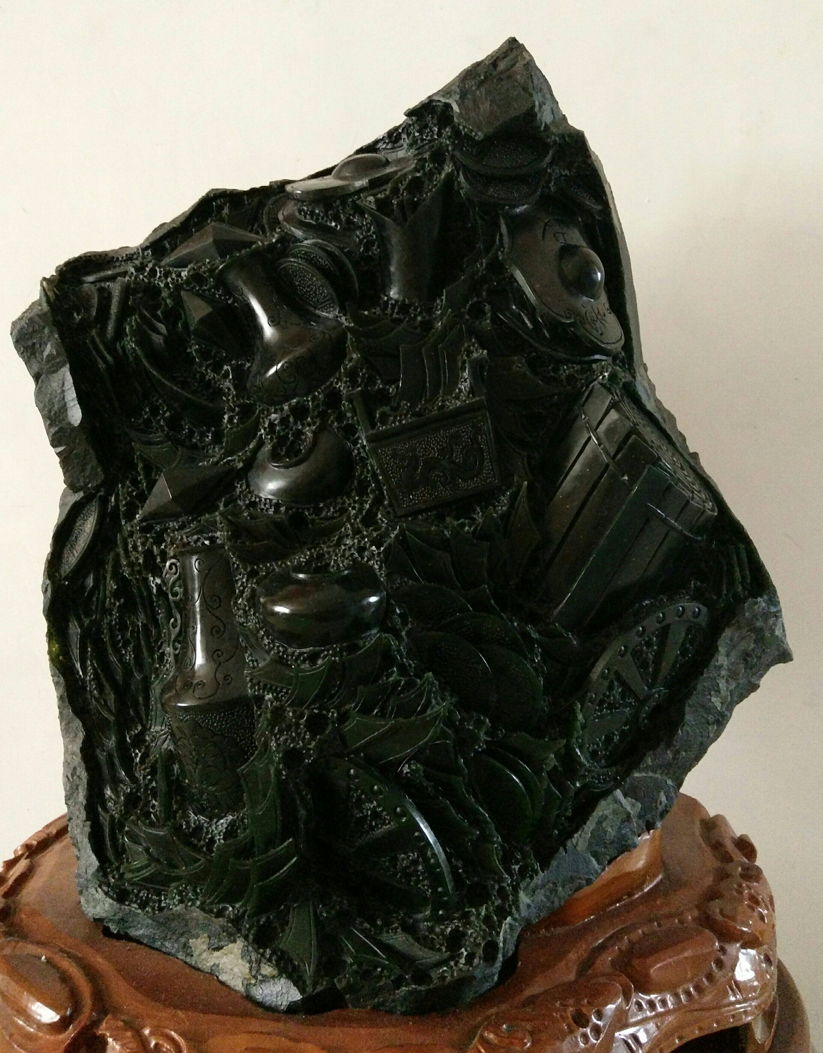 正品泰山墨玉宝藏大摆件玉原石手工精雕玉石摆件镇店镇宅送证孤品