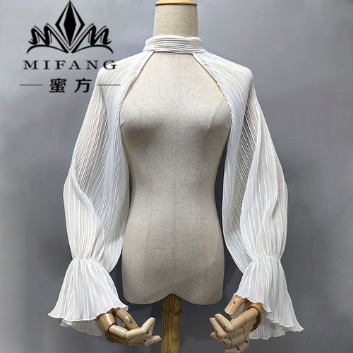长袖肩膀装饰披肩袖雪纺百褶系带