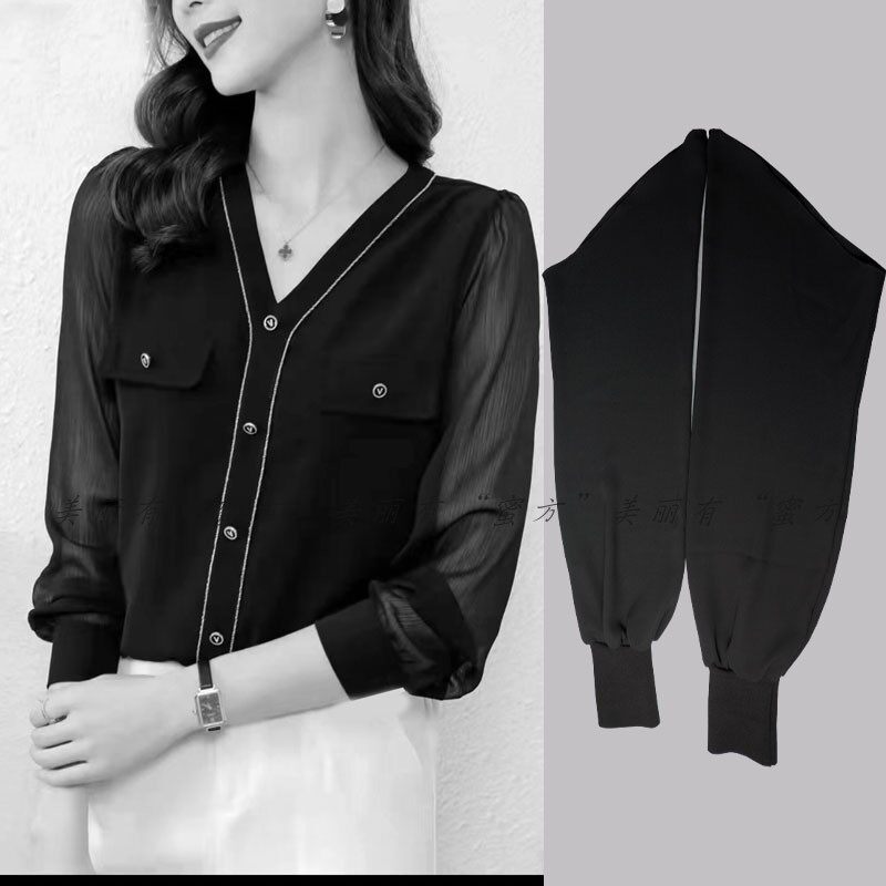 女士假袖春夏雪纺白色连肩防晒长袖可缝宽松灯笼袖黑色水晶麻不透