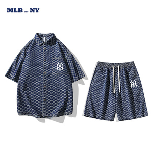 MLB FOG NY短裤男夏季套装牛仔短袖运动休闲款情侣老花衬衫女外套