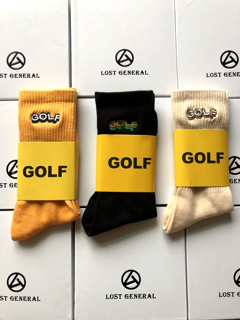 现货Golf 奶白/橘色/黑字体刺绣 纯棉运动中筒短袜子男女街头潮袜