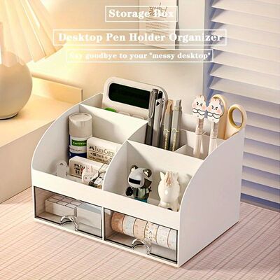 6-compartment Desk Organizer with 2 Drawers, Plastic Cosmeti