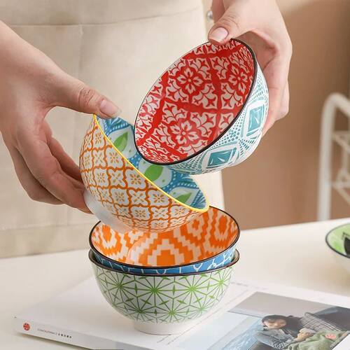 4-Piece Bohemian Ceramic Bowl Set - Salad, Dessert, Soup, Fr