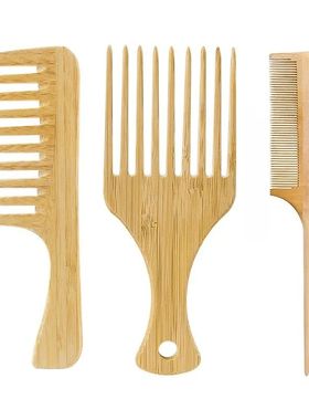 3Pc Natural Bamboo Wooden Hair Comb Anti-Static Afro Fork Co