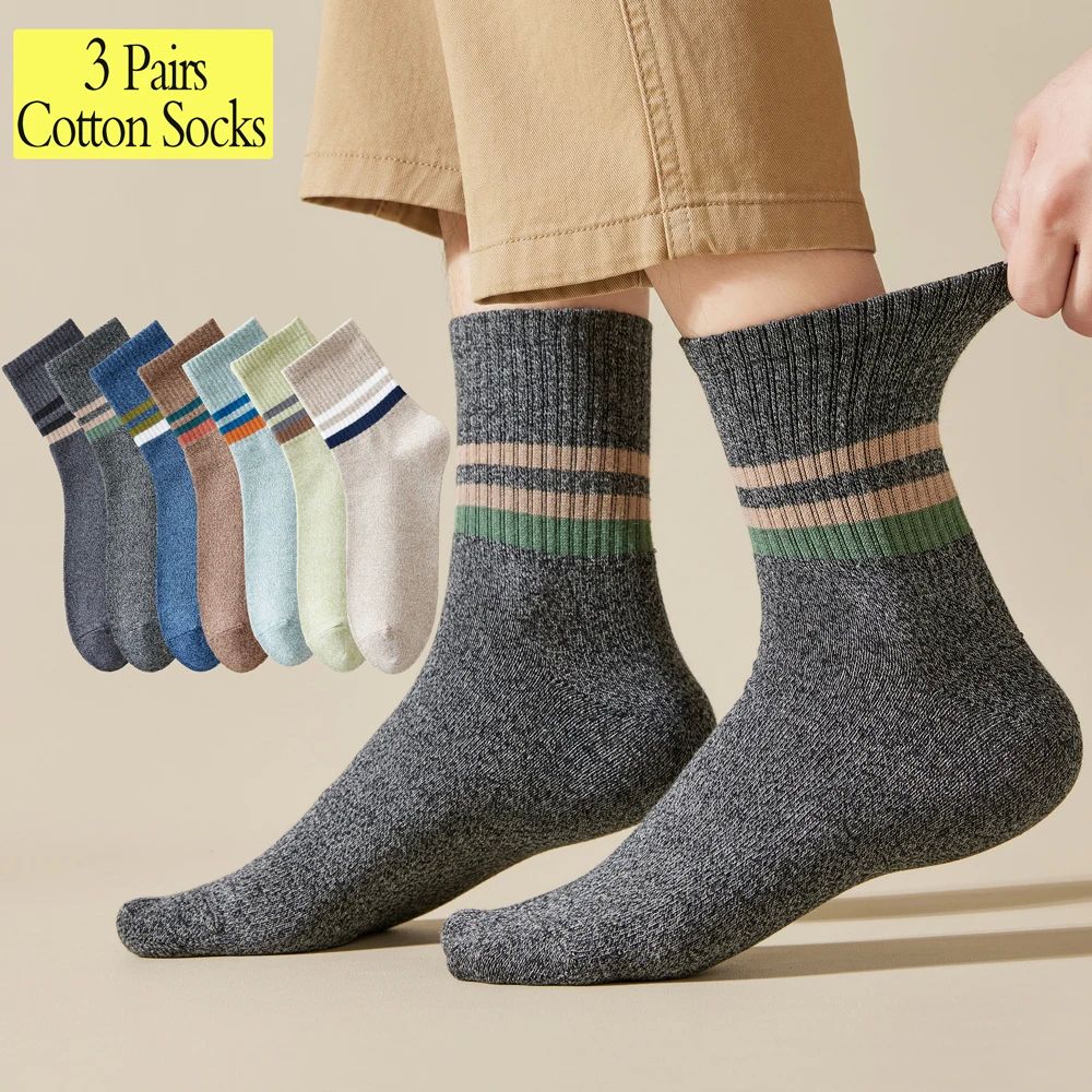 3 Pairs Men's Striped Thermal Socks Mid Calf Crew Cotton Thi
